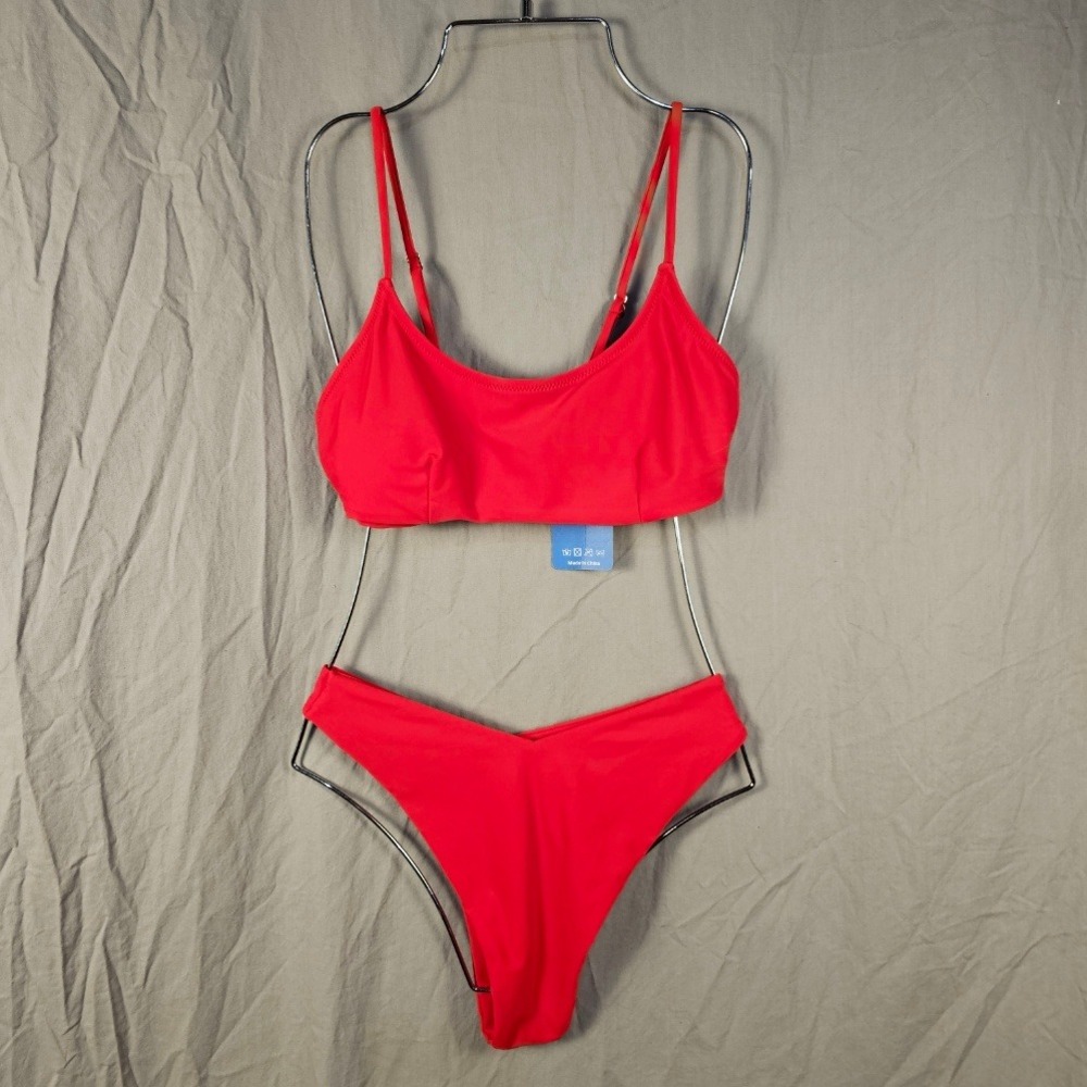 Owica Red Two Piece Bikini Set Scoop Neck High Leg V Cut Swimsuit Small NWT